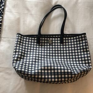 Blue and White Checked Tory Burch Kerrington  Tote